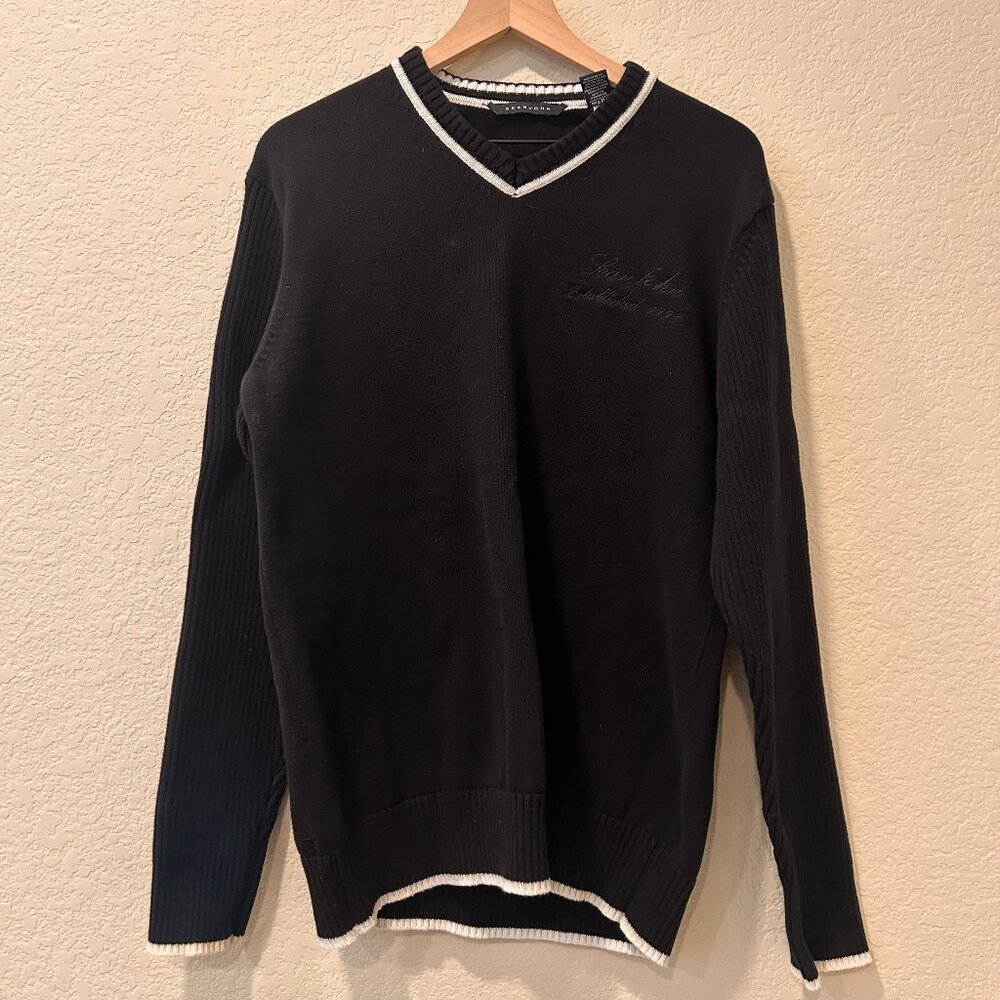 Sean John Black V-Neck Pullover Sweater Ribbed Detailing Men's Size XL